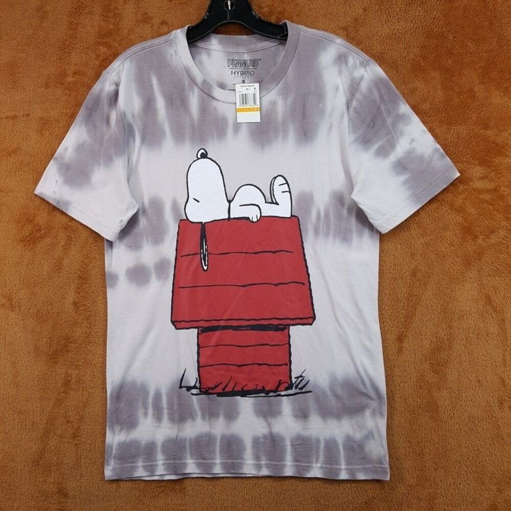 PEANUTS Shirt Mens Small Grey Pullover Graphic Snoopy Doghouse Tie Dye Tee